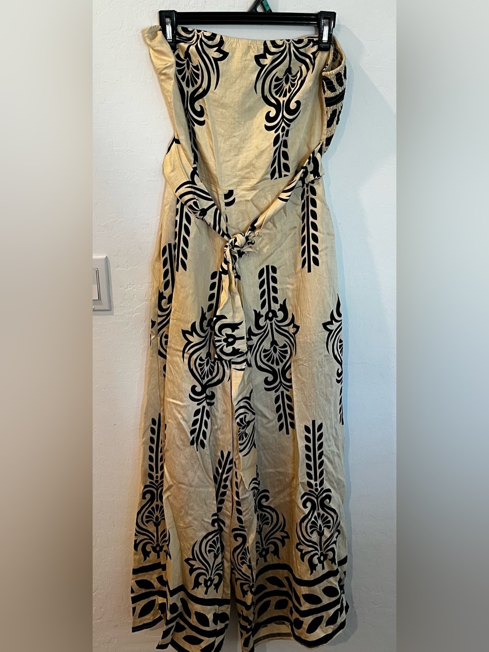 NWOT Strapless Cream Jumpsuit with Black Print and Self-Tie Waist - Picture 2 of 3